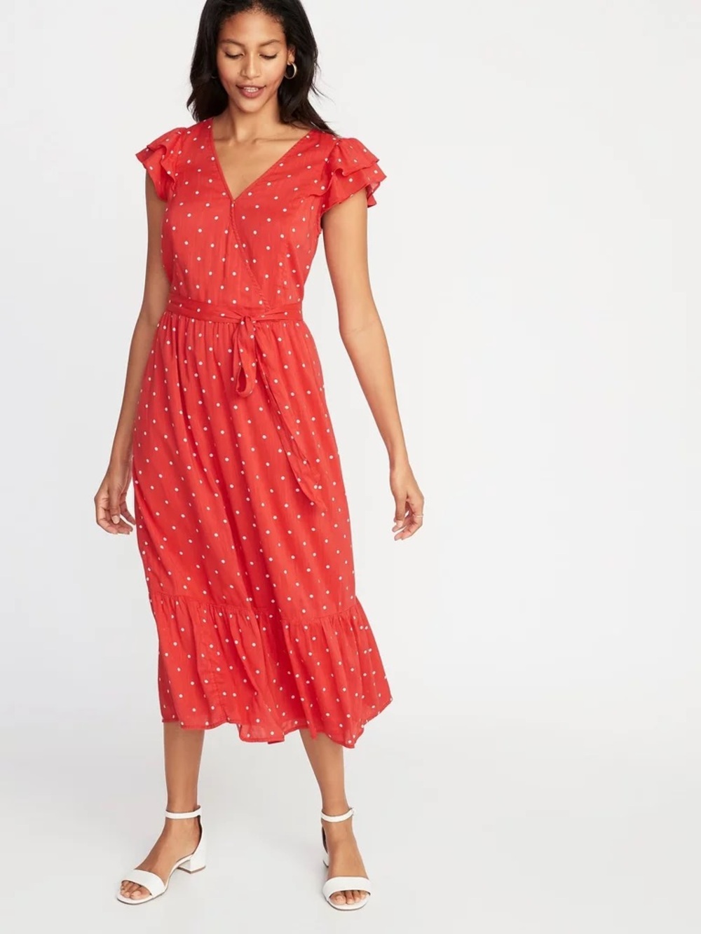 Red Polka Dot Midi Dress Ruffle Sleeves Matching Tie Waist Wrap V Neck Old Navy